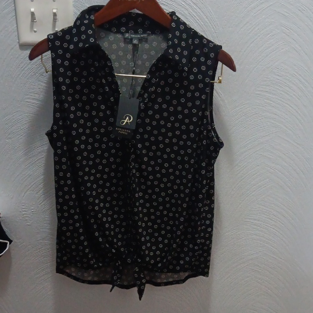 Adrianna Papell Black Sleeveless Blouse with White Dots